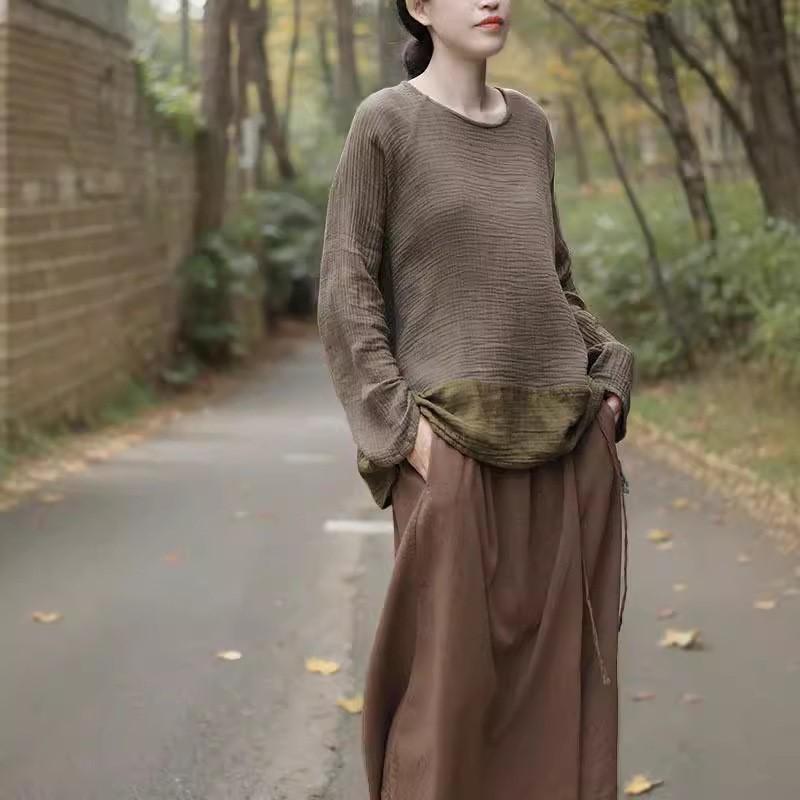 Johnature Solid Color Splicing Long Sleeves O-Neck T-Shirt Woman Autumn Fashion Vintage Style Loose T-Shirt