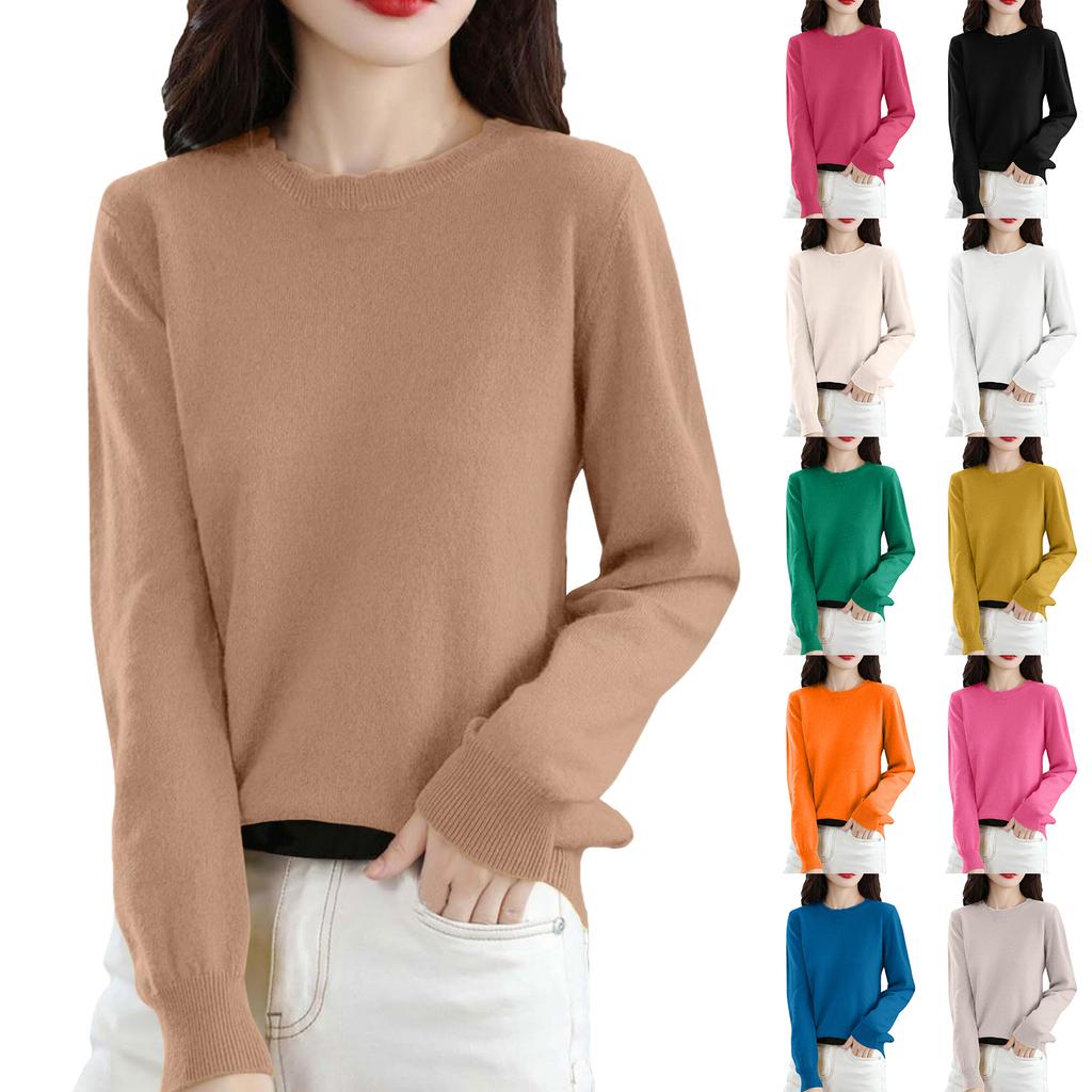 Women's Casual Lace Round Neck Base Layer Knitted Long Sleeve Solid Color Sweater