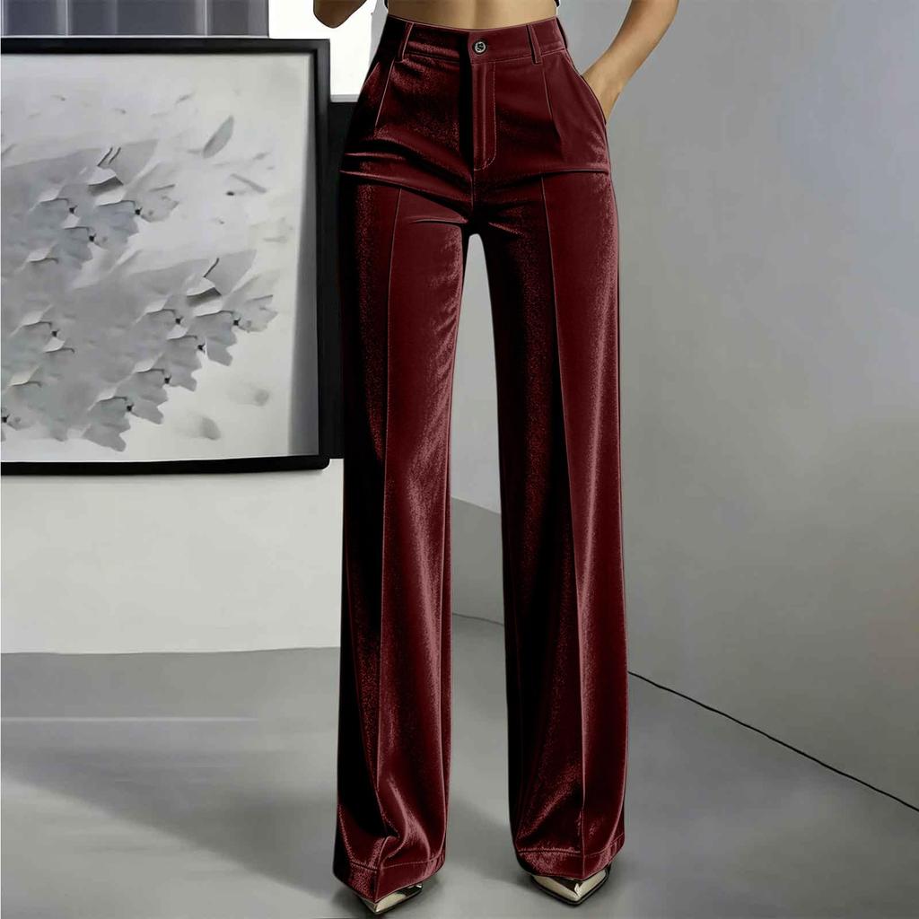 Women's Velvet Straight Leg Casual Pants with Button Closure