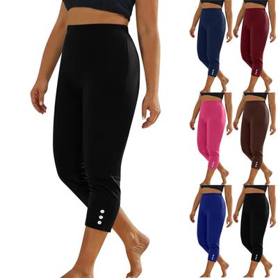 Women's Fashion Color Casual Bottom Pants Button Sport Slim Seven Quarter Pants