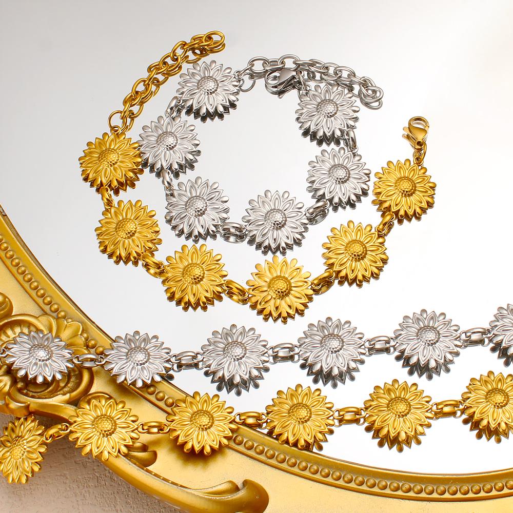 Stainless Stain Flower Jewelry Sets For Women 18K Gold Plated Chrysanthemum Necklace Bracelet Set Wedding Party Jewelry Gifts