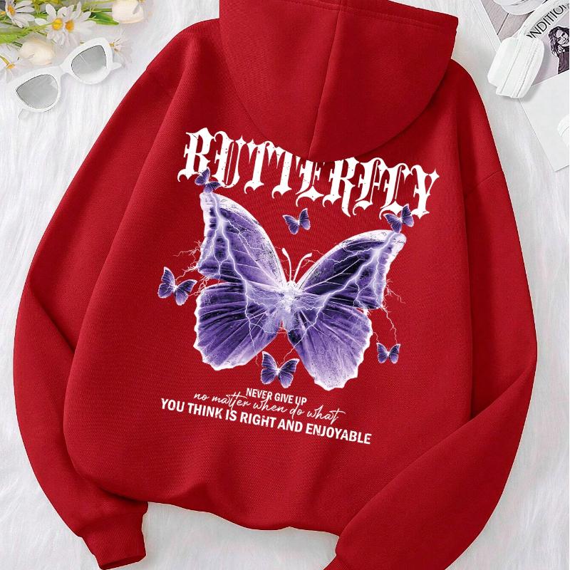 Beautiful Purple Butterfly Printing Hoodies Women Fleece Pocket Hoody Simple Casual Hoodie Autumn Loose Female Streetwear