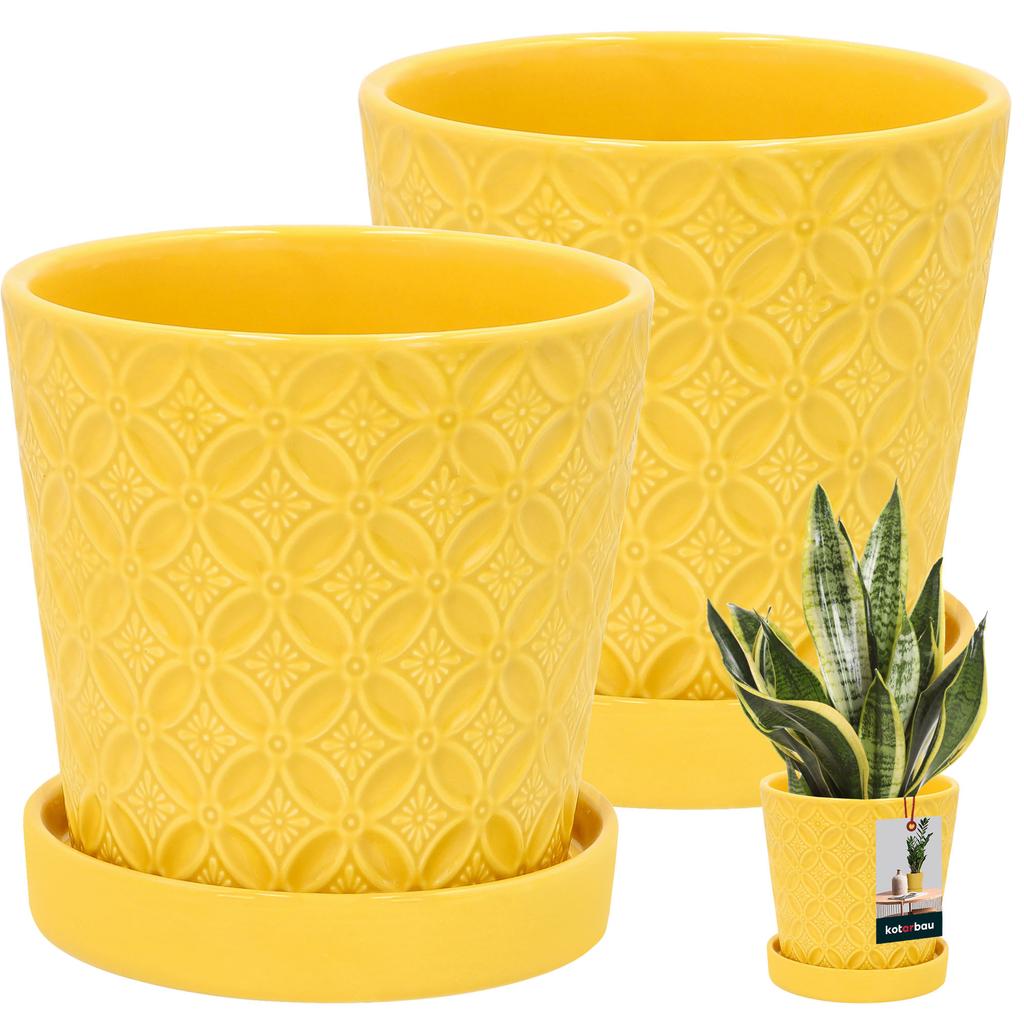 Kotarbau® 2 Pcs. Round Mustard Flower Pot 13 Cm. Flower Pot With Saucer. Glazed Ceramics. Flower And Herb Pot. Plant Cover.