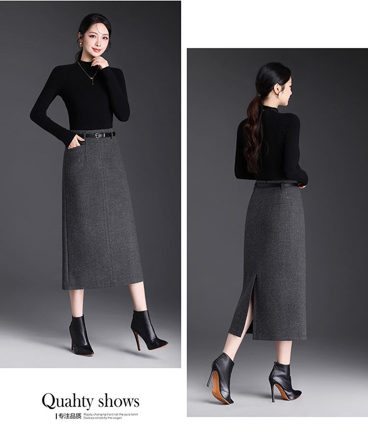 Chic High-Waisted Wool Blend Slit Skirt – 2026 Autumn/Winter Elegant Korean Style