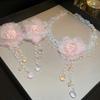Sweet lace flower crystal imitation pearl tassel silver needle earrings elegant earrings