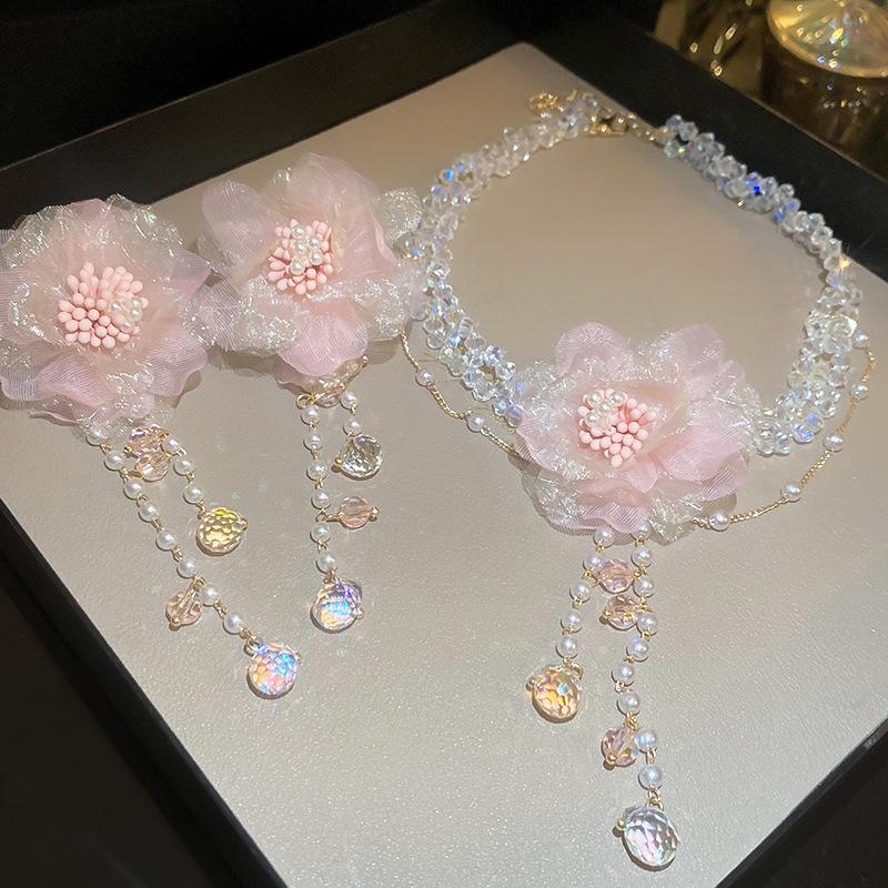 Sweet lace flower crystal imitation pearl tassel silver needle earrings elegant earrings