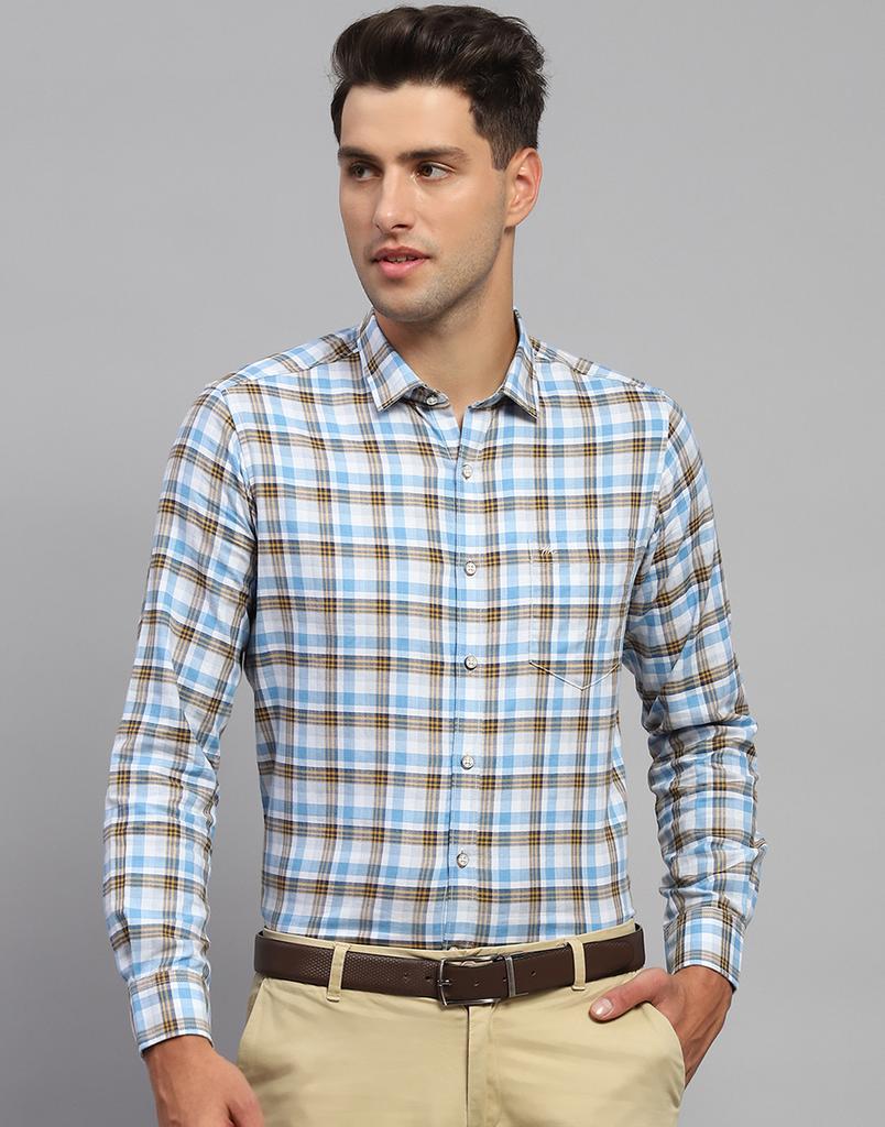 Monte Carlo Mens Blue Checkered Spread Collar Full Sleeve Casual Shirt