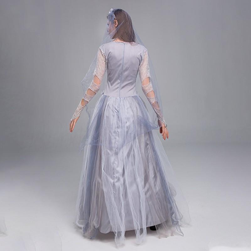 Halloween Costume Women Ghost Bride Dress Cosplay Outfit With Headpiece Vintage Ethnic Style