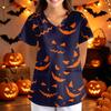 Women V Neck Loose Fit Printed Short Sleeve Top with Pockets Halloween Themed Bat and Cloud Pattern Comfortable Scrub Shirt