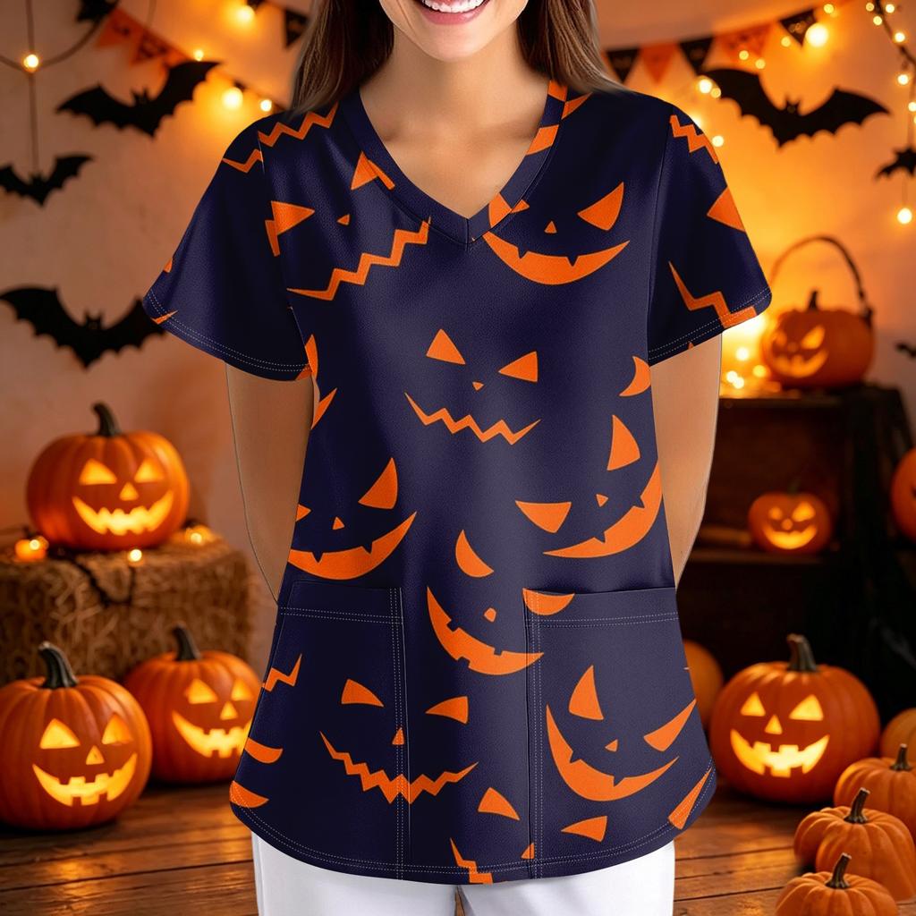 Women V Neck Loose Fit Printed Short Sleeve Top with Pockets Halloween Themed Bat and Cloud Pattern Comfortable Scrub Shirt