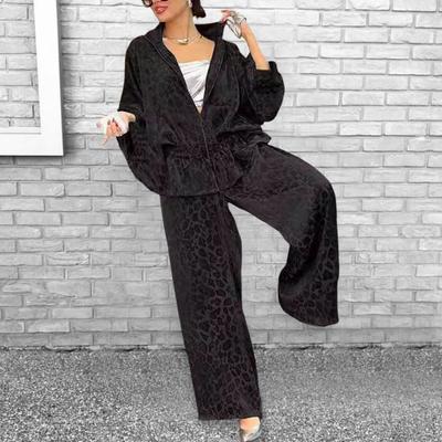 Yousheng 2 Pcs/Set Women Shirt Pants Set Leopard Printing Zip-up Long Sleeve Pleated Top Loose Wide Leg Trousers Commuting Workwear Outfit