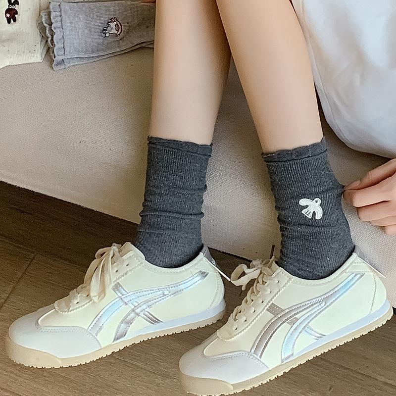 Lace Socks, Women's Summer Thin Mid-calf Socks, Trendy and Cute Embroidered Long Socks, Grey Spring and Autumn Pile Socks