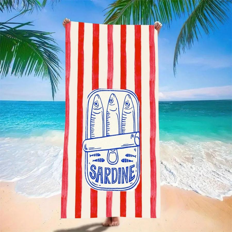 Microfiber Quick Dry Beach Towel - Red White Striped with Sardines Print, Lightweight Sandless Blanket for Swimming Picni