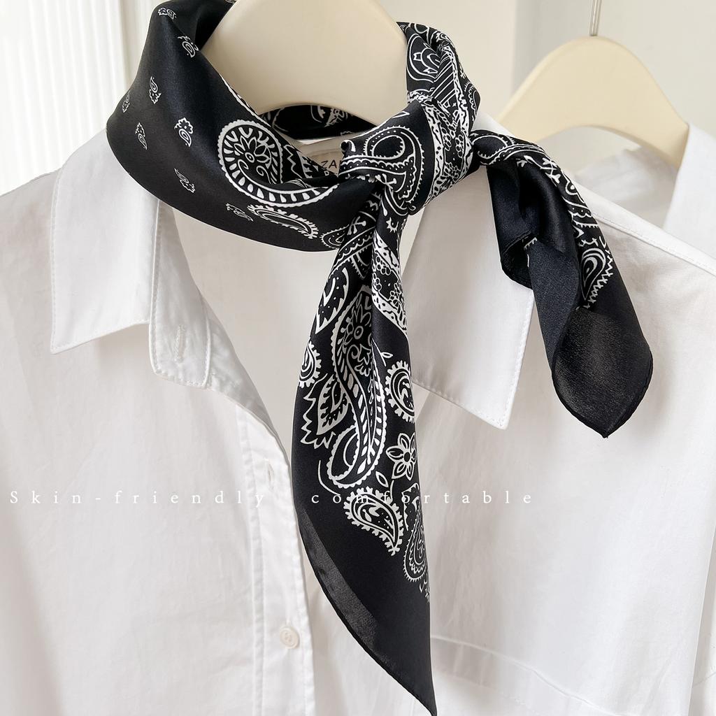 111% Mulberry Silk Premium Sense Paisley Pattern Silk 71 Small Square Scarf Black Cashew Flower Decorative Scarf Scarf