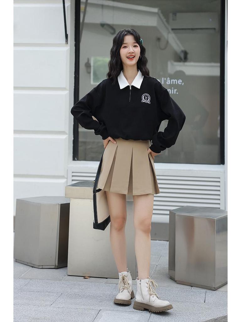 Women's Retro Embroidered Polo Collar Half-Zip Pullover - Long Sleeve, Spring/Autumn 2025