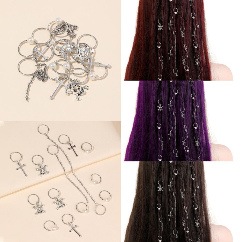 13pcs Metal Cuff Clips Dreadlocks Beads Cross Skull Hair Braid Tubes Mixed Hair Rings Set Decor