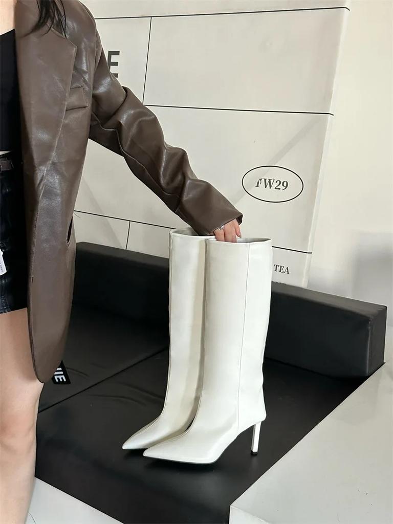 Pointed Toe Slim Fit Long Booties Women's Autumn Winter High Heel Suede Straight Leg Boot over Knee Boots Rubber Sole