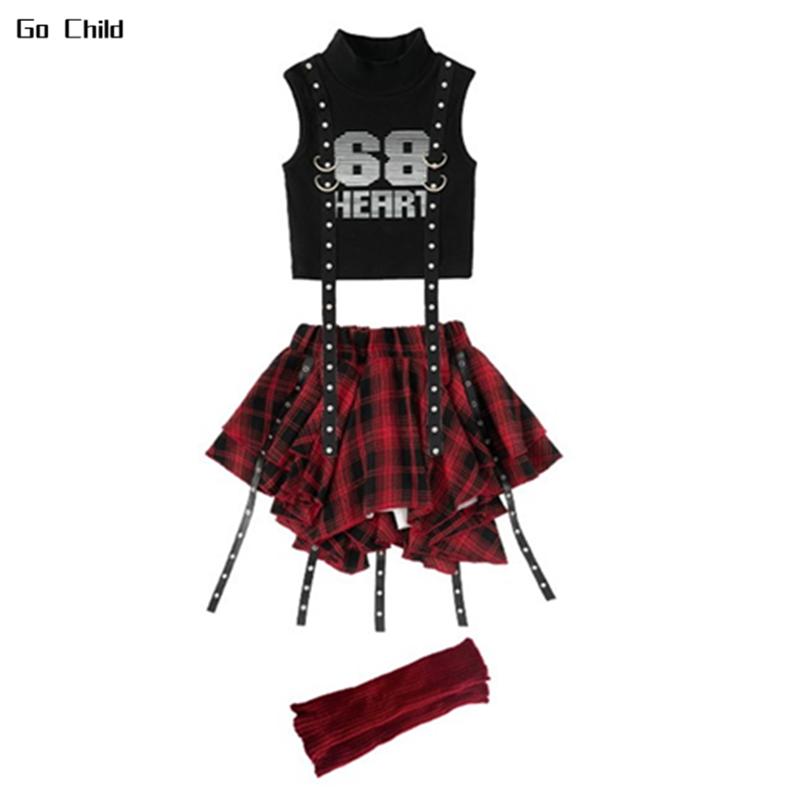 Kids Hip Hop Crop Top Plaid Street Dance Skirt Girls Ribbon Pleated Skirts Teens Jazz Cool Costumes Child Streetwear Clothes Set