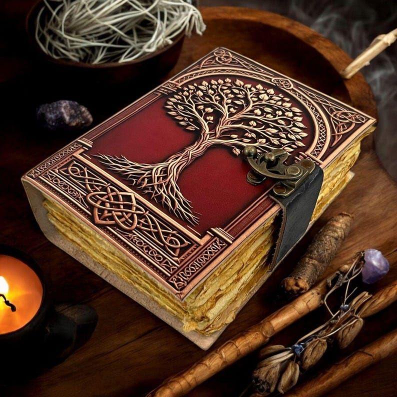 Large Grimoire Vintage leather journal, Tree of Life Fat Journal, Blank spell book of shadows Celestial Gifts For Him Her