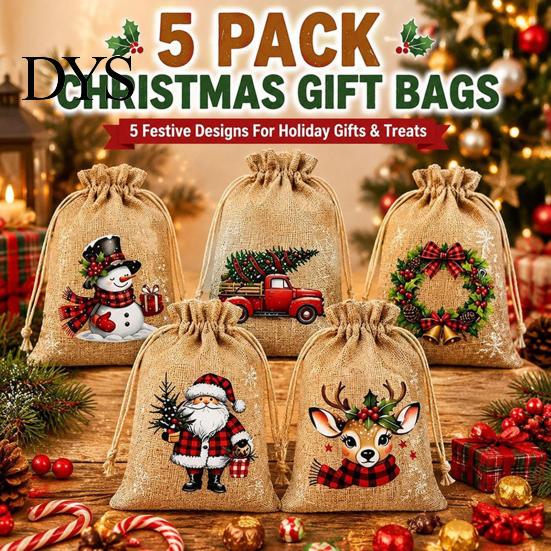 Santa Claus Snowman Reindeer Prints Christmas Jute Burlap Gift Bags, Drawstring Treat Candy Small Bags for Parties Bag, Reusable Linen Packaging Pouch