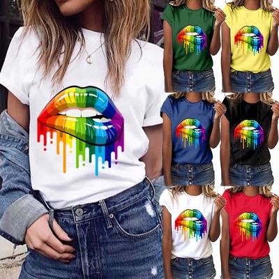 Women  Plus Size Lips  Gesture Print Short Sleeve T-Shirt Tops