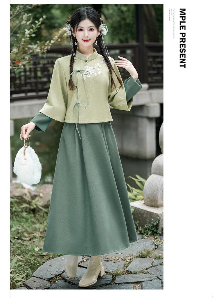Podzimní/Zimní Retro Vyšívaný Tang oblek Hanfu Cheongsam Dvoudílný set