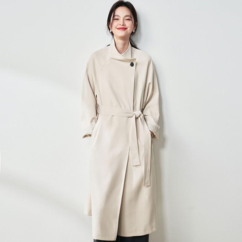 Womens Minimalist Stand Collar Long Trench Coat Loose Fit Casual Commuter Outerwear In Beige Khaki