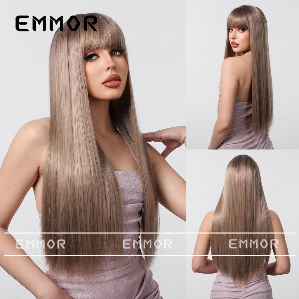 European Style Champagne Brown Long Straight Hair Wig with Bangs