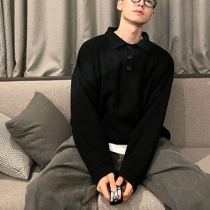 Men's Oversized Polo Collar Knit Sweater - Solid Color, Korean Style, High-Grade Lapel Sweater