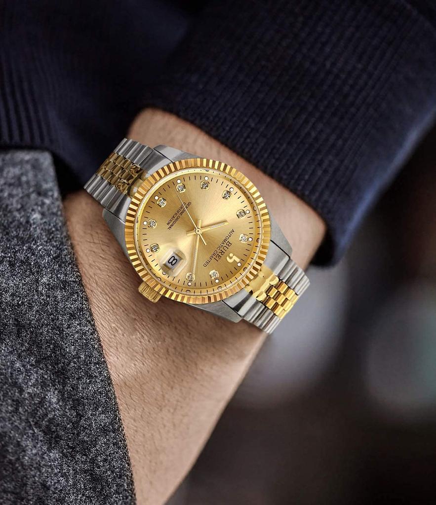 BUREI Automatic Date Analogue Simple Design Men's Watch, Waterproof, Stylish, Display, Watch, Popular, Gold, Brand,