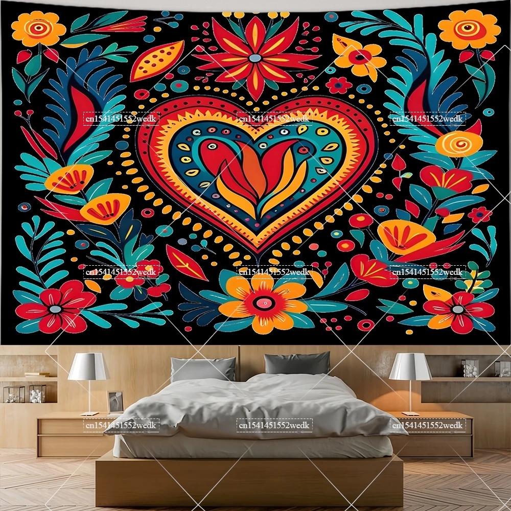 Mexiko Blumenteppich Mexikanische Pflanze Blumen Stickerei Ethnisch Otomi Vögel Wandteppiche Ästhetische Raumdeko Illustrationen Hintergrund