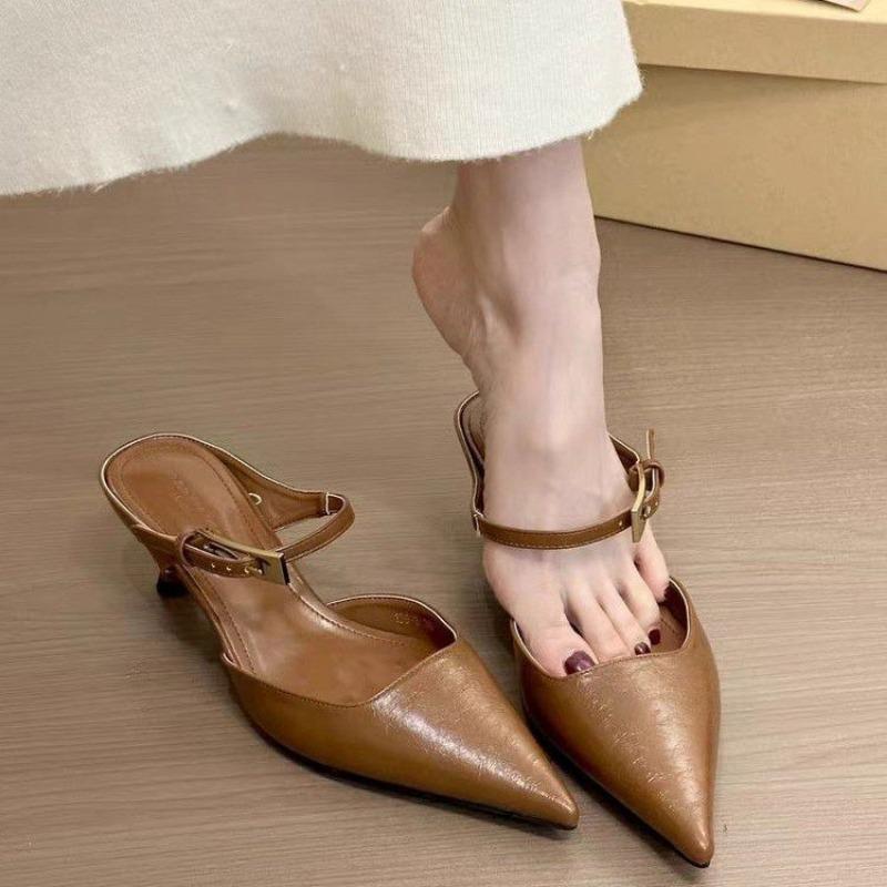 Eilyken 2025 Satin Button Pointed Toe Mules Pumps Women Slipper Fashion Shallow Thin High Heels Ladies Shoes
