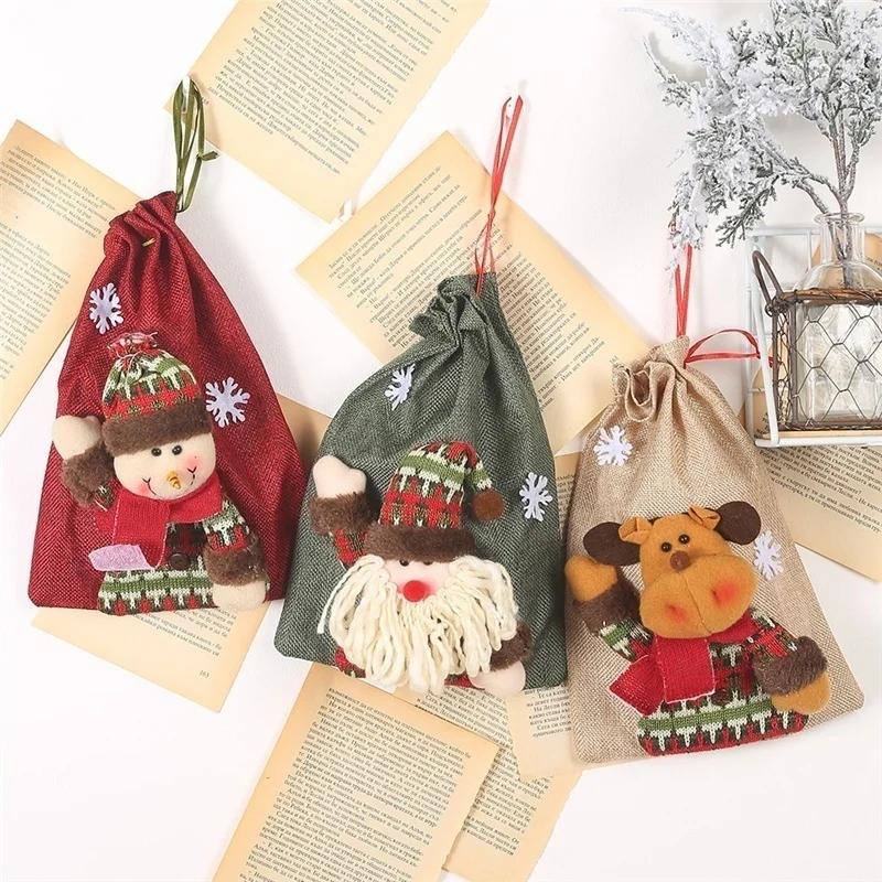 New Year Christmas Decorations for Home Linen Drawstring Gift Bag Large Candy Christmas Bags Holiday Cartoon Apple Bag