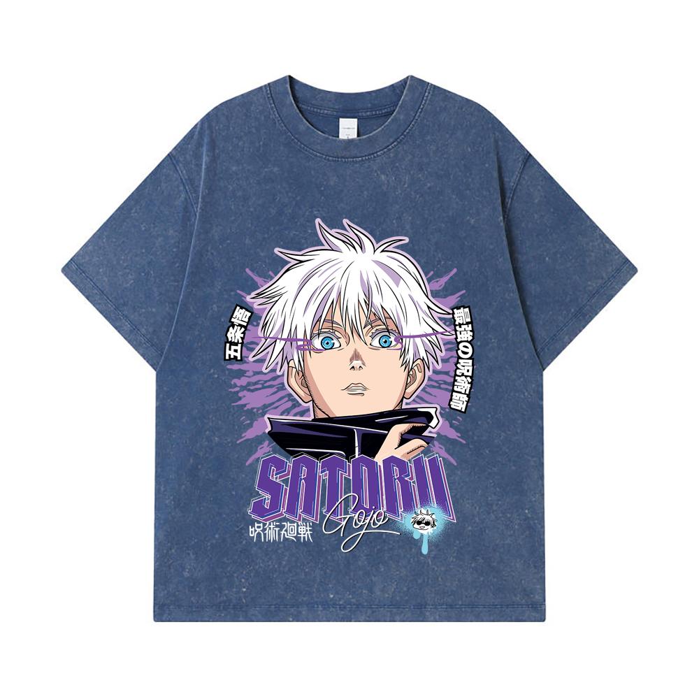 

275 GSM Washed T-shirts 100% Cotton Jujutsu Kaisen V27 Gojo Print Unisex Heavy Cotton T Shirt 2XL королівський синій колір