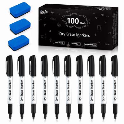 Lineon Whiteboard Set of Fine Quick Drying Markers, Black, 100, Eraser, Magnet, Tip,