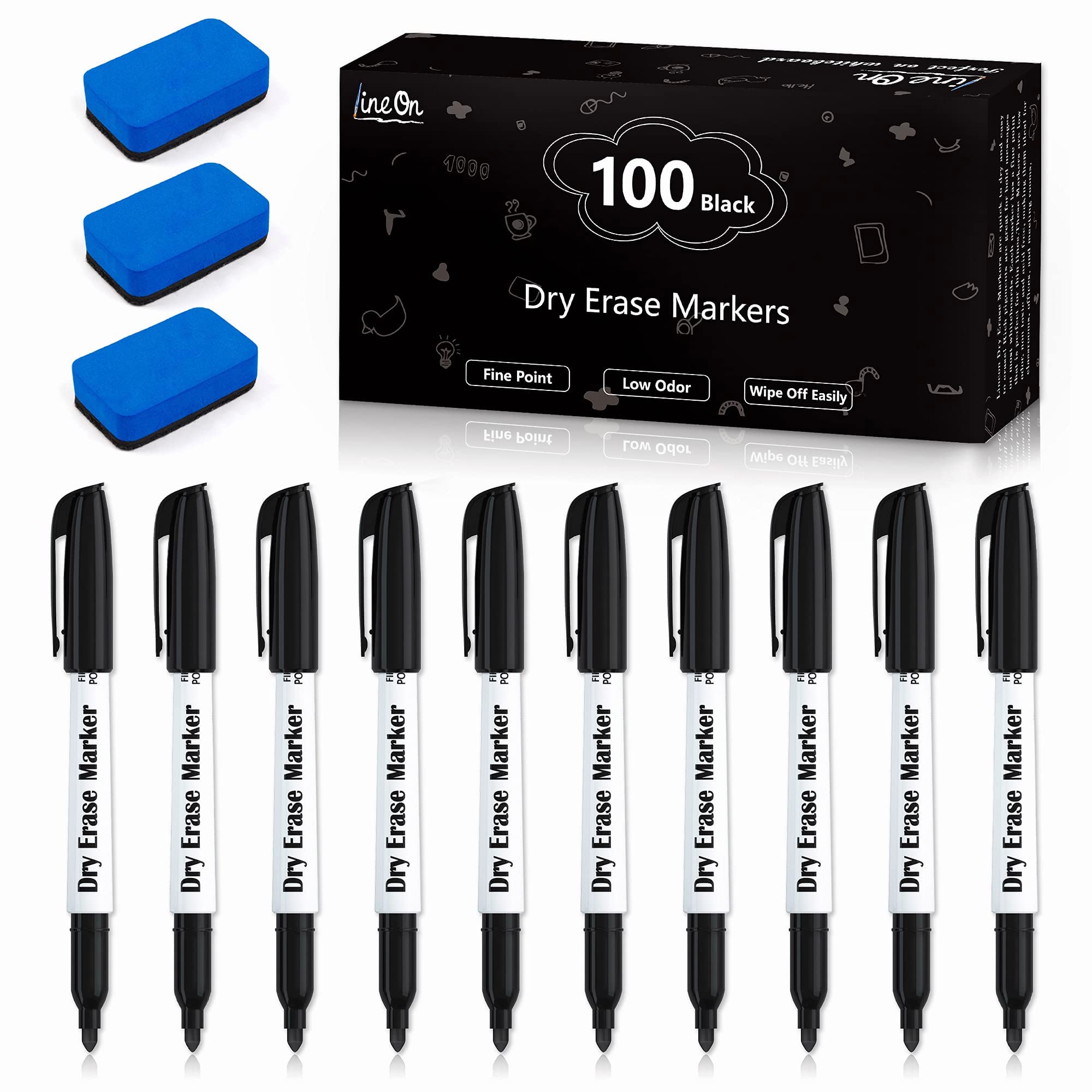 

Lineon Whiteboard Set of Fine Quick Drying Markers, Black, 100, Eraser, Magnet, Tip, чёрный