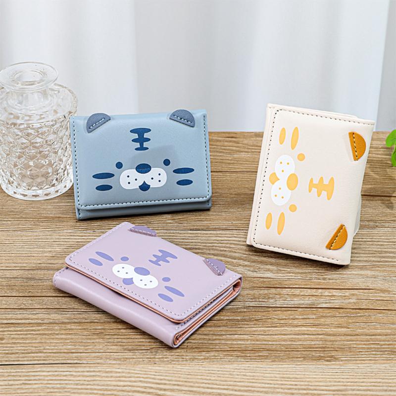 Cute Cat Short Wallet For Girls Three-fold Multi-card Slot Coin Purse Pu Leather Multicolor Wallet