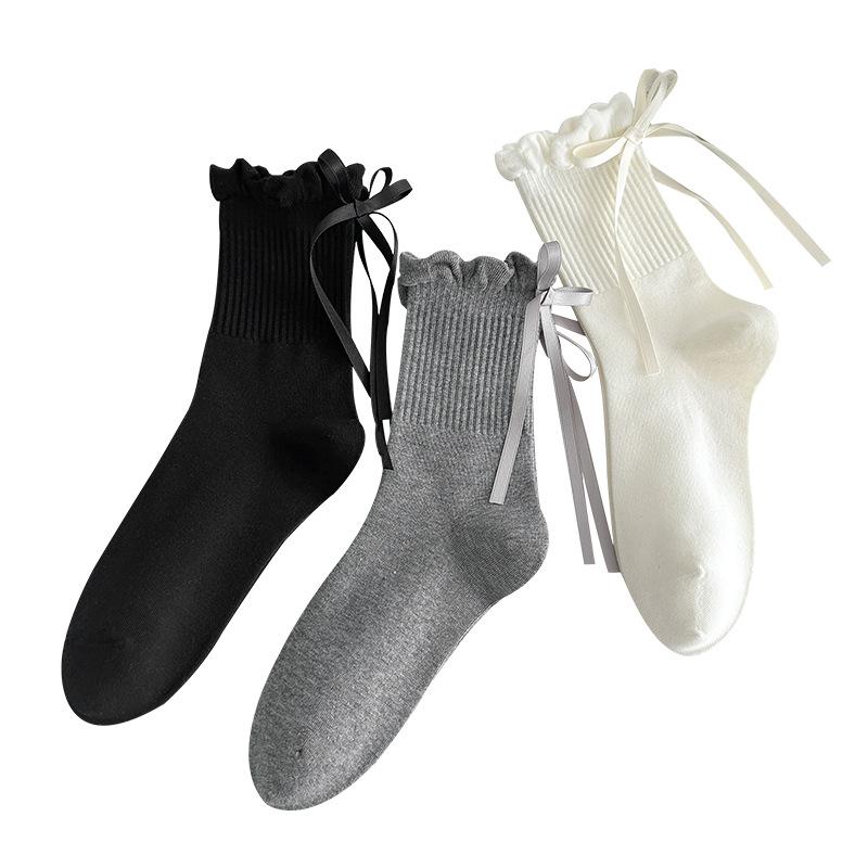 Female Spring and Autumn New Sweet Pure Color Lace Bow Ballet Wind Tube Cotton Socks