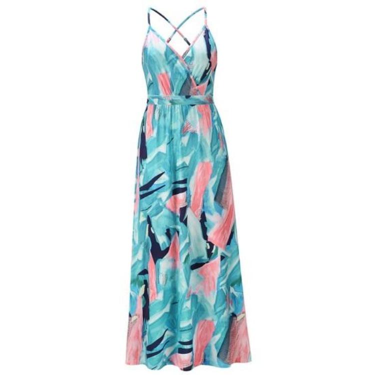 

Summer Vacation Boho Tropical Beach Dress Women Sleeveless Maxi Spaghetti Strap V Neck Long A-Line Dress XXL