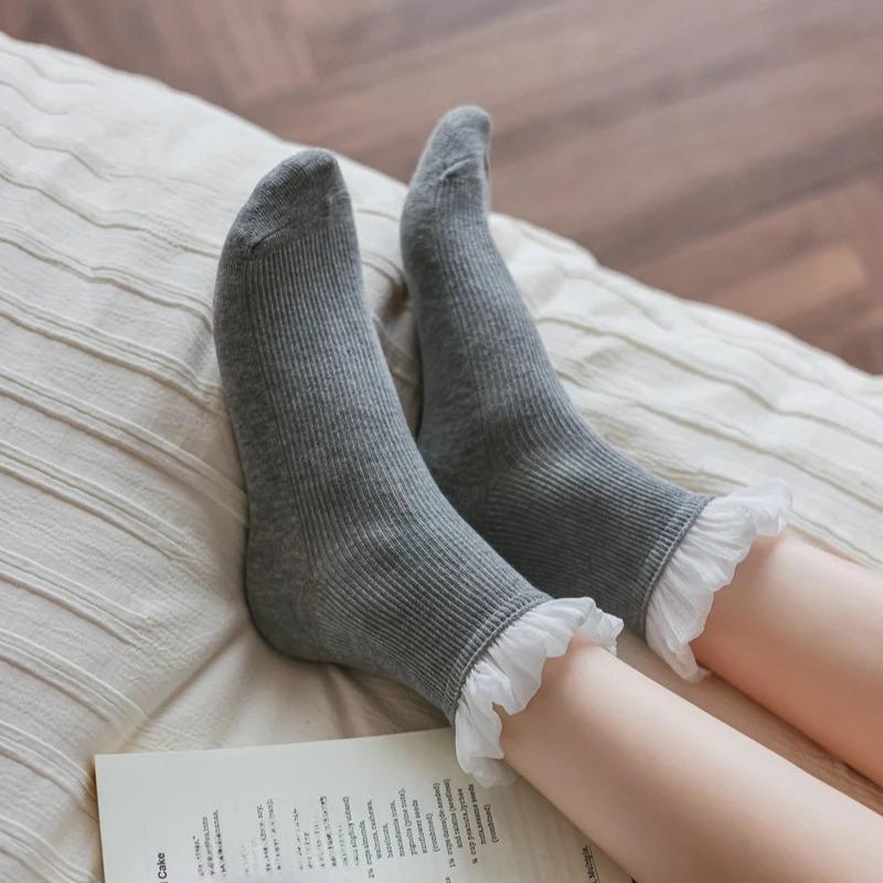 Princess Socks Women Cotton Knitted Breathable Black White Gray Low Tube Socks JK Sweet Girl Lolita Kawaii Cute Ruffle Socks Sox
