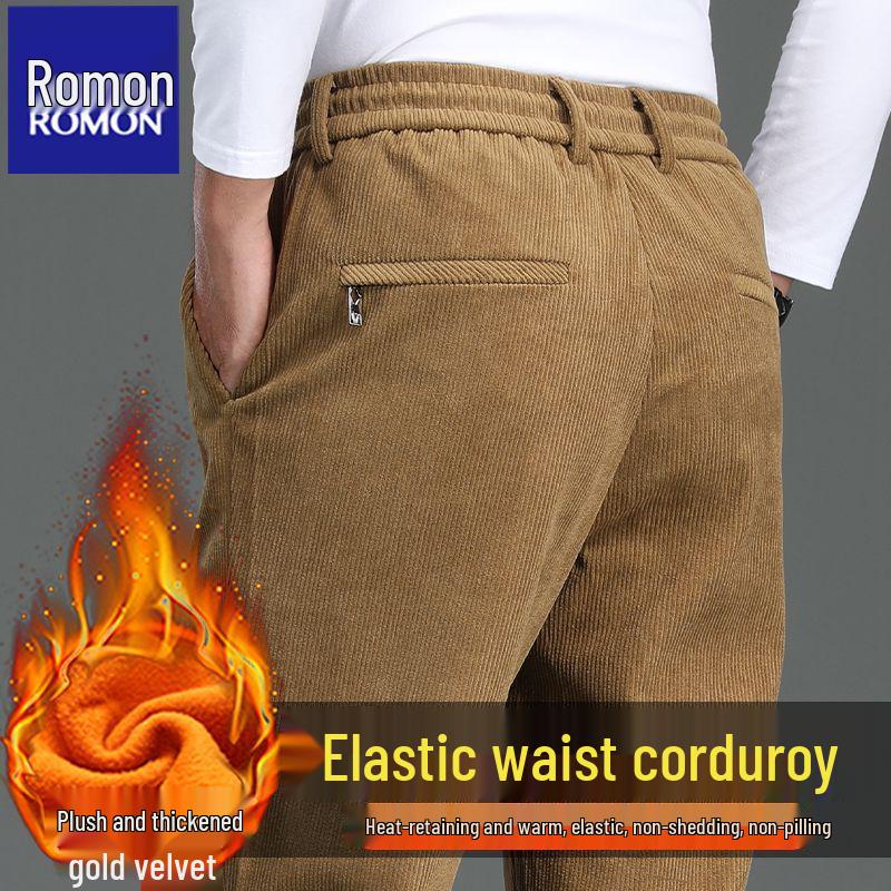 Romon Men's Fleece-Lined Corduroy Pants, Thickened Elastic Waist, Autumn/Winter Warm Casual Style.