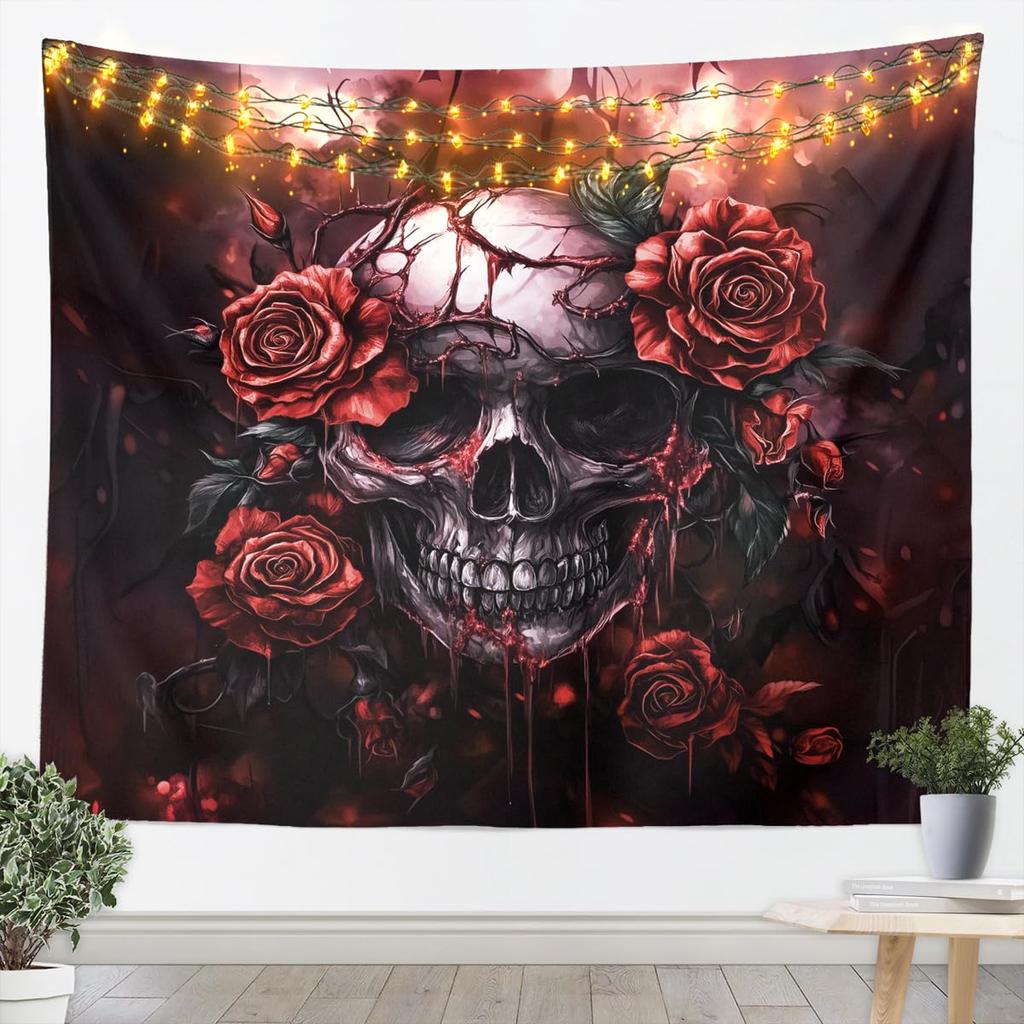 Sugar Skull tapestry For Kids Adults Room Decor,Purple Rose Flowers Tapestries Goth Skull Tapestry Wall Hanging Skeleton Bones