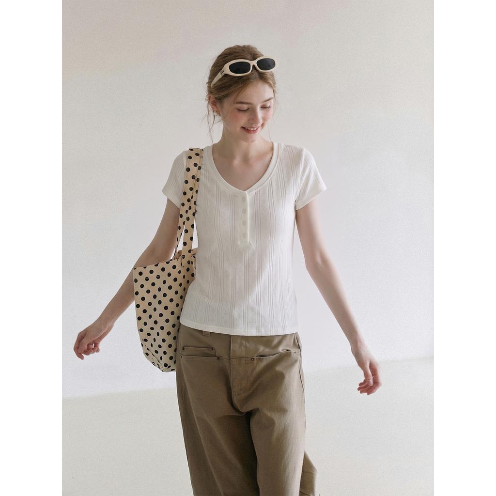 Commuter Style White Half-open Neck Front Shoulder Short-sleeved T-shirt Women's Summer New Button-up Slim-fitting Waist Top