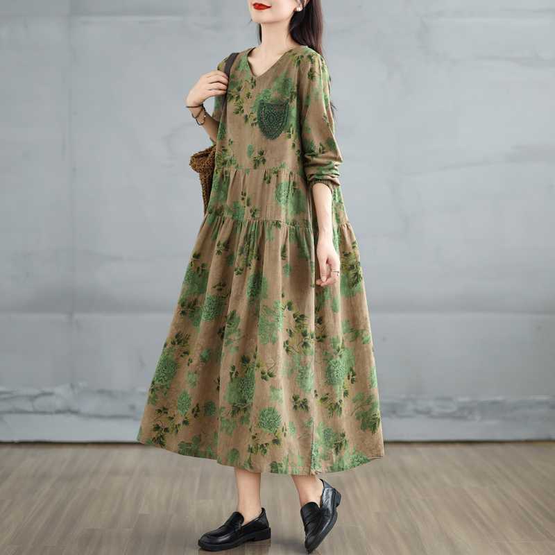 Autumn Small V-neck Lace Pocket Long-sleeved Dress A-line Dress