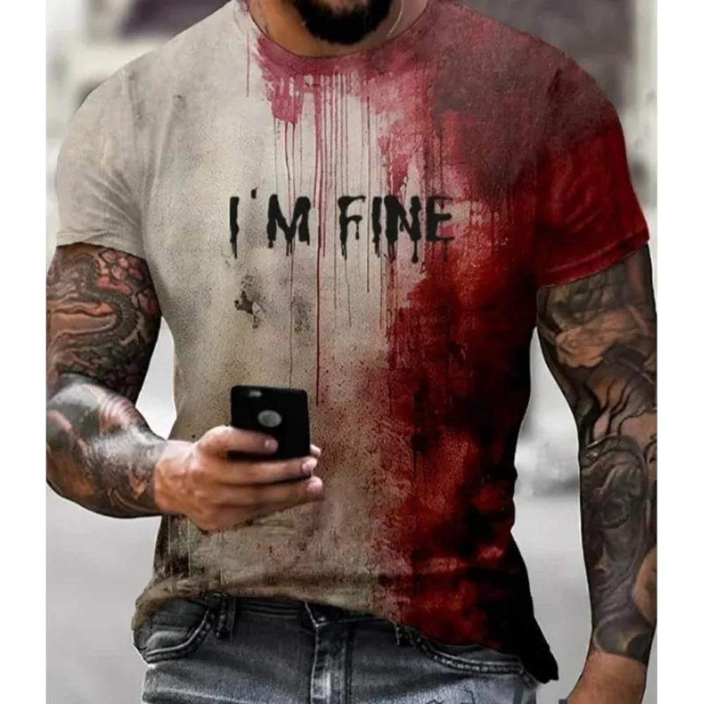 ETST42 2025 New Funny Men's Blood I'm Fine Halloween Print T-shirt Funny Blood Men's Fun Round Neck Casual Short Sleeve 2XL