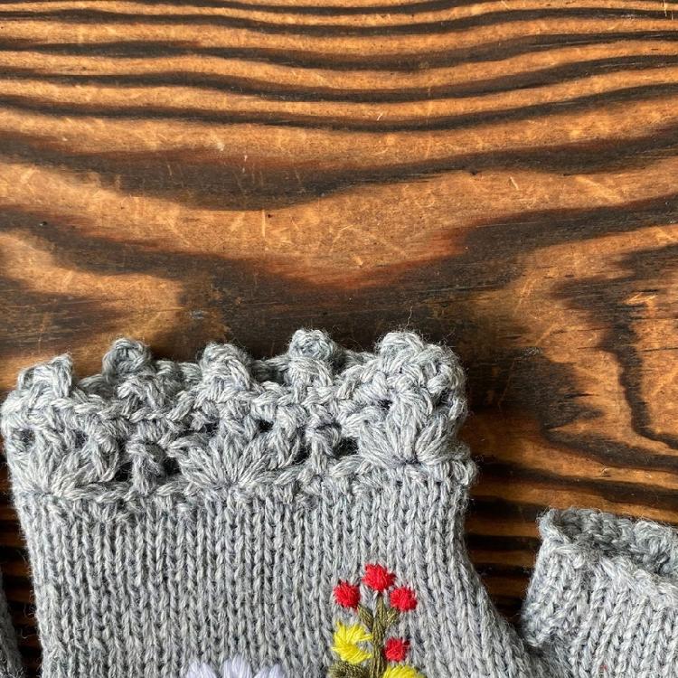 Fingerless Warm Gloves Knitted Mittens Stretchy Cartoon Embroidery Flower Mitten