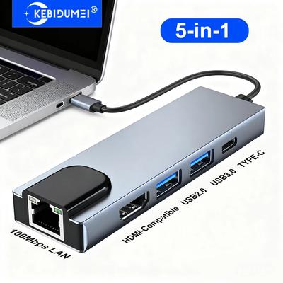 Estación de Acoplamiento USB C 5 en 1 Adaptador Tipo C a HDMI 4K30Hz/100Mbps/5Gbps HUB USB C Divisor USB 3.0 Para PC Portátil Macbook