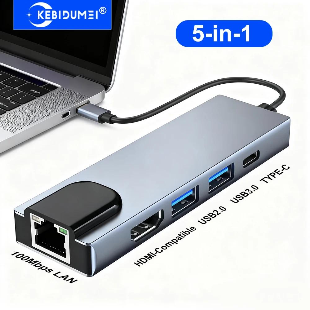 Kebidumei 5-In-1 Usb C Docking Station Type C To Hdmi Adapter 4K30hz/100Mbps/5Gbps Usb C Hub Usb 3.0 Splitter For Pc Laptop Macbook