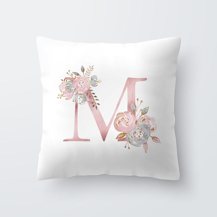 Pink Letter Decorative Floral Pillow Gold Alphabet Cushion for Sofa Polyester Pillowcase Decoration Salon