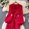 French Dress High-end Lace Splicing Waist Lantern Sleeve Ruffle Edge Long Dress Skirt